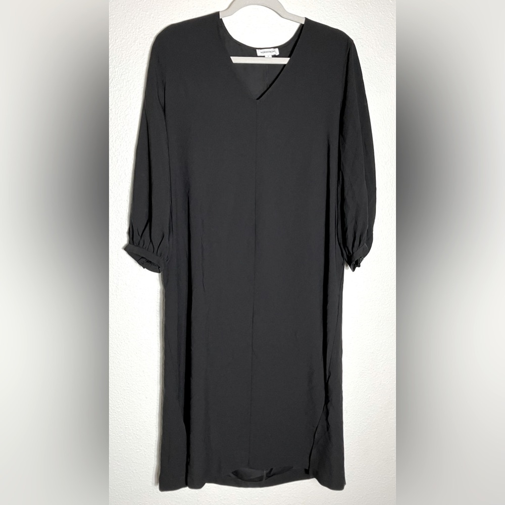 Nordstrom women's black midi work formal shift dress long sleeve new v neck